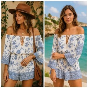 Jetset Diaries Blue White Floral Off Shoulder Boho Romper XS